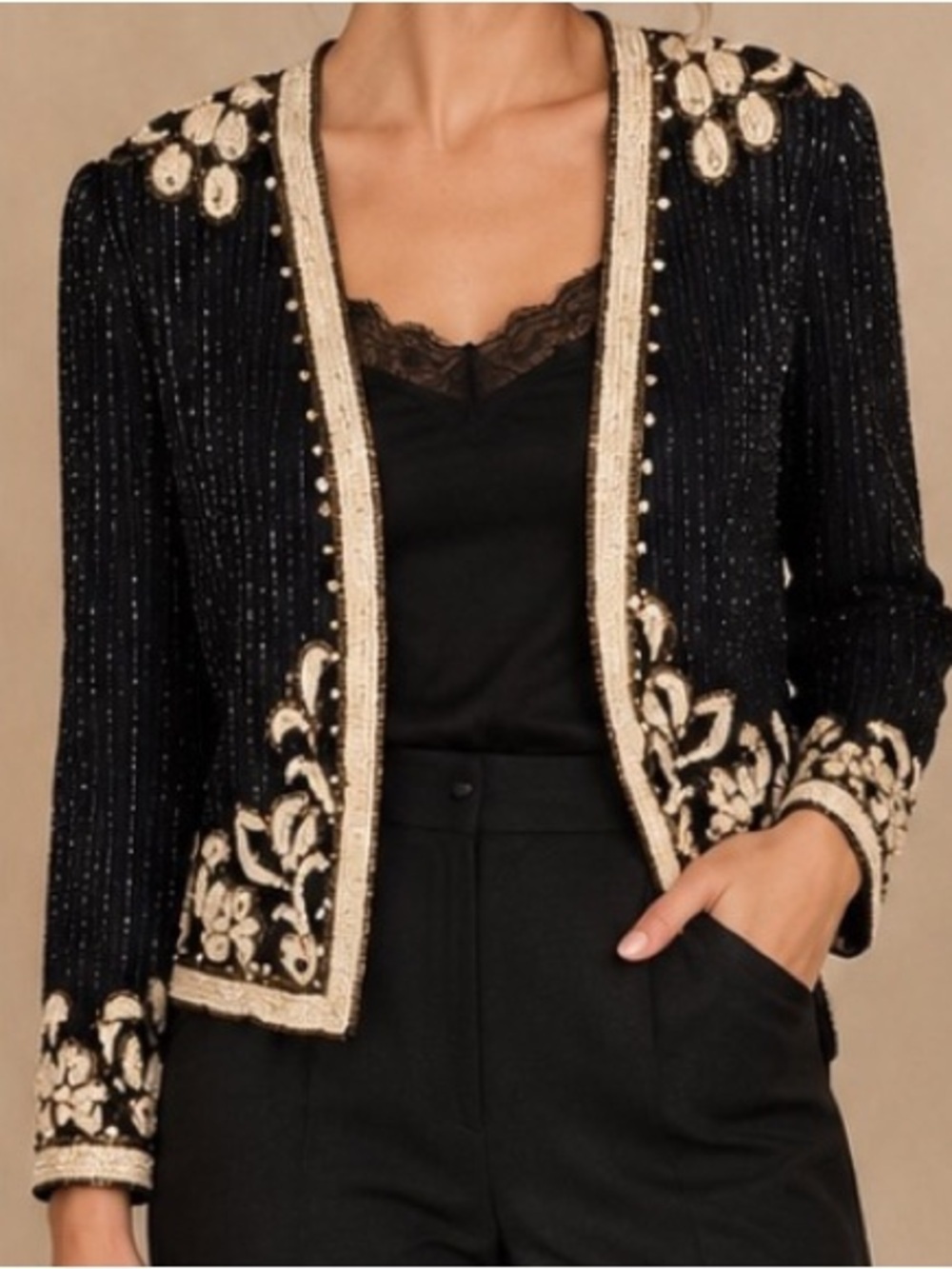 Vintage Scala Silk Beaded Navy Beaded Jacket‎